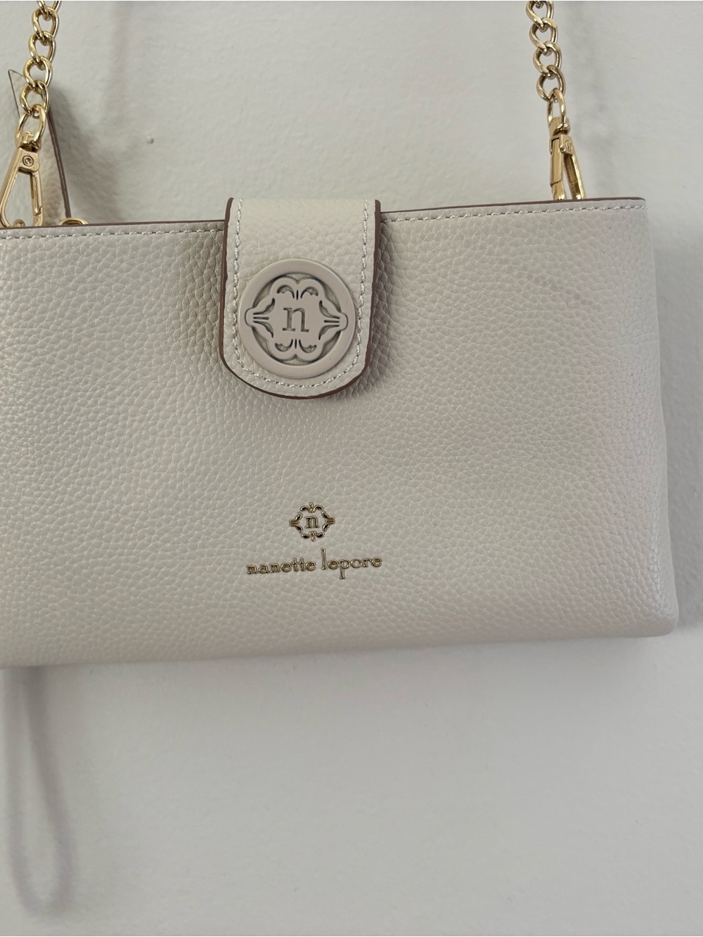 Nanette Lepore Ivory Pebbled Leather Crossbody with Gold Chain